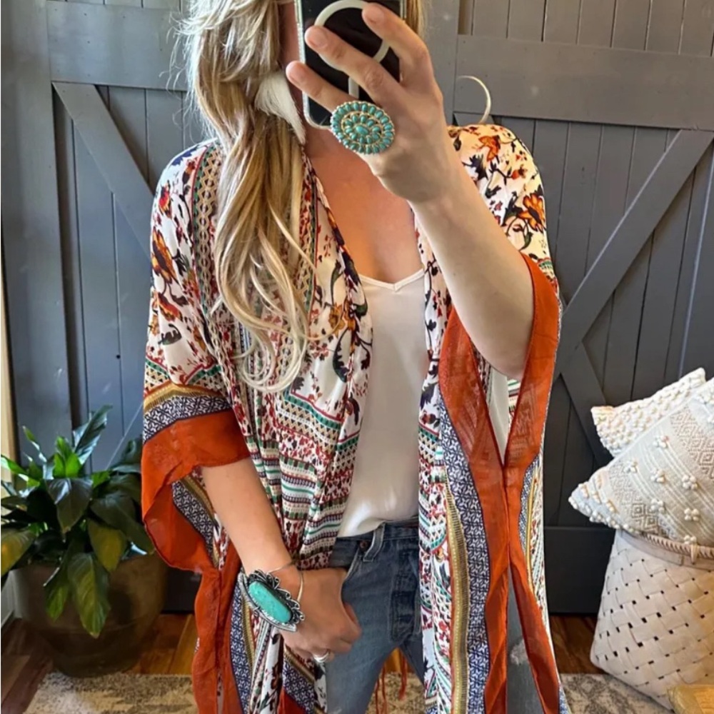New Boho Lightweight Cardigan Kimono Top Fringe Hem Cotton Beach Denim Cover Up - Picture 4 of 11